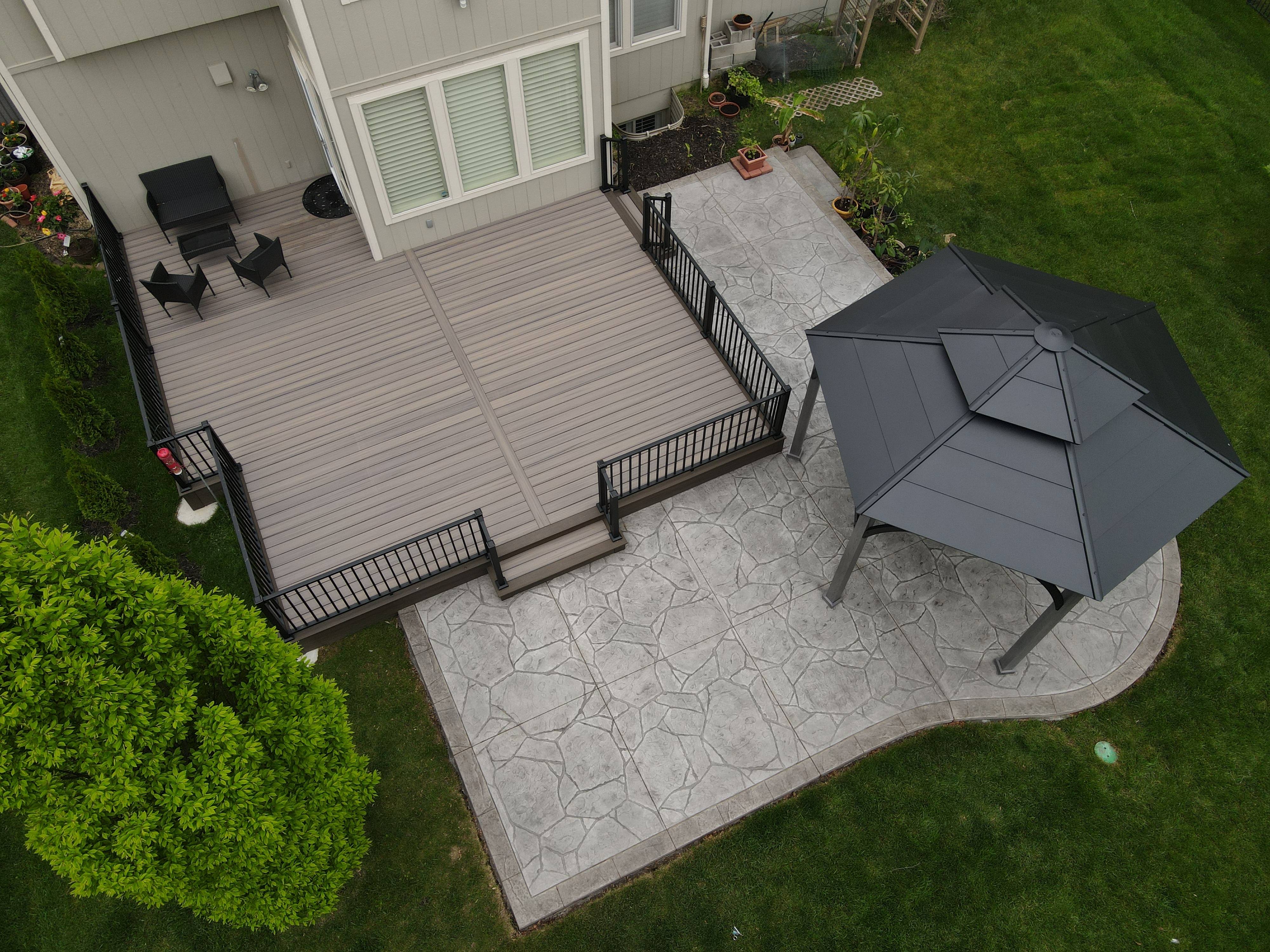 Aerial view of a deck and patio with a gazebo